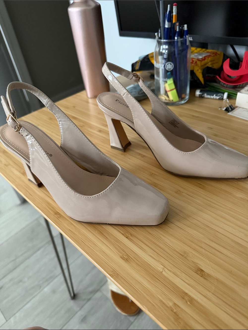 Pierre Dumas Nude Patent Slingback Block Heels